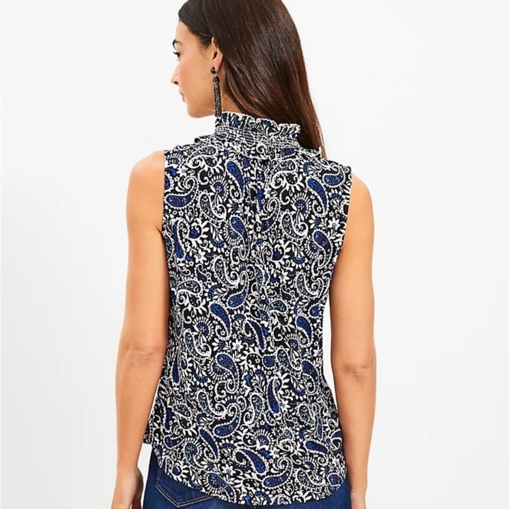 LOFT Paisley Smocked Tie Neck Mixed Media Shell - Picture 5 of 12